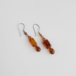 Pressed Baltic Amber Stone Beaded Earrings Drop Dangle Silver Plated Vintage